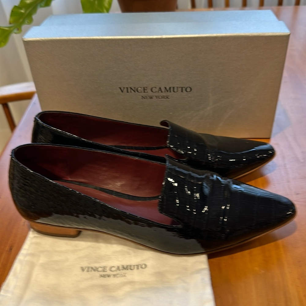 Women’s Vince Camuto Black Patent slip on loafers size 10